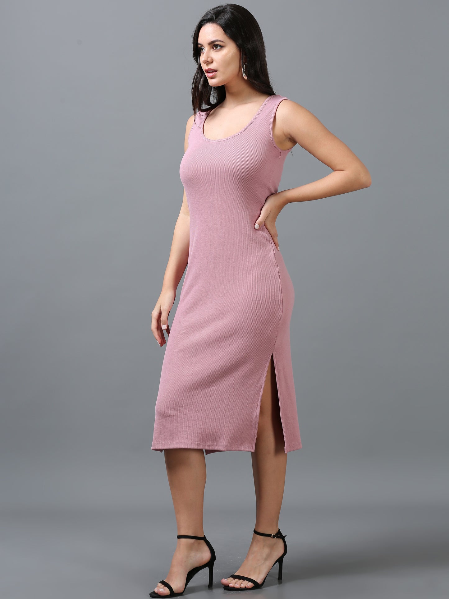 Women Rose Pink Ribbed Viscose Lycra Sleeveless Dress