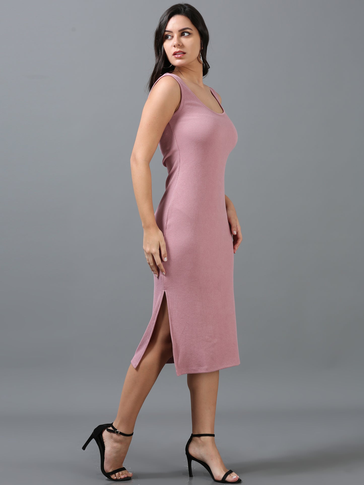 Women Rose Pink Ribbed Viscose Lycra Sleeveless Dress