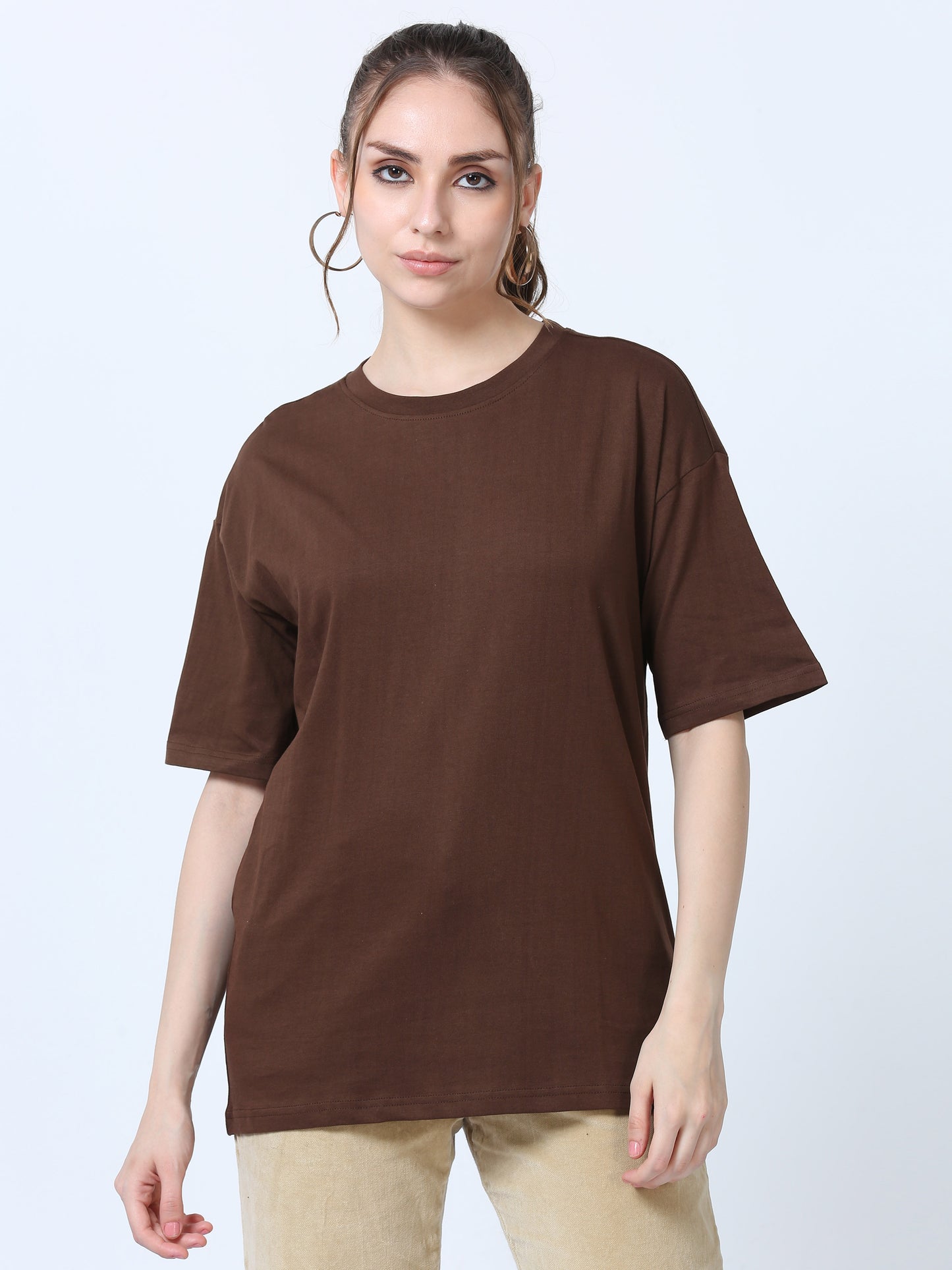 Women Solid Oversized T-Shirt, BROWN