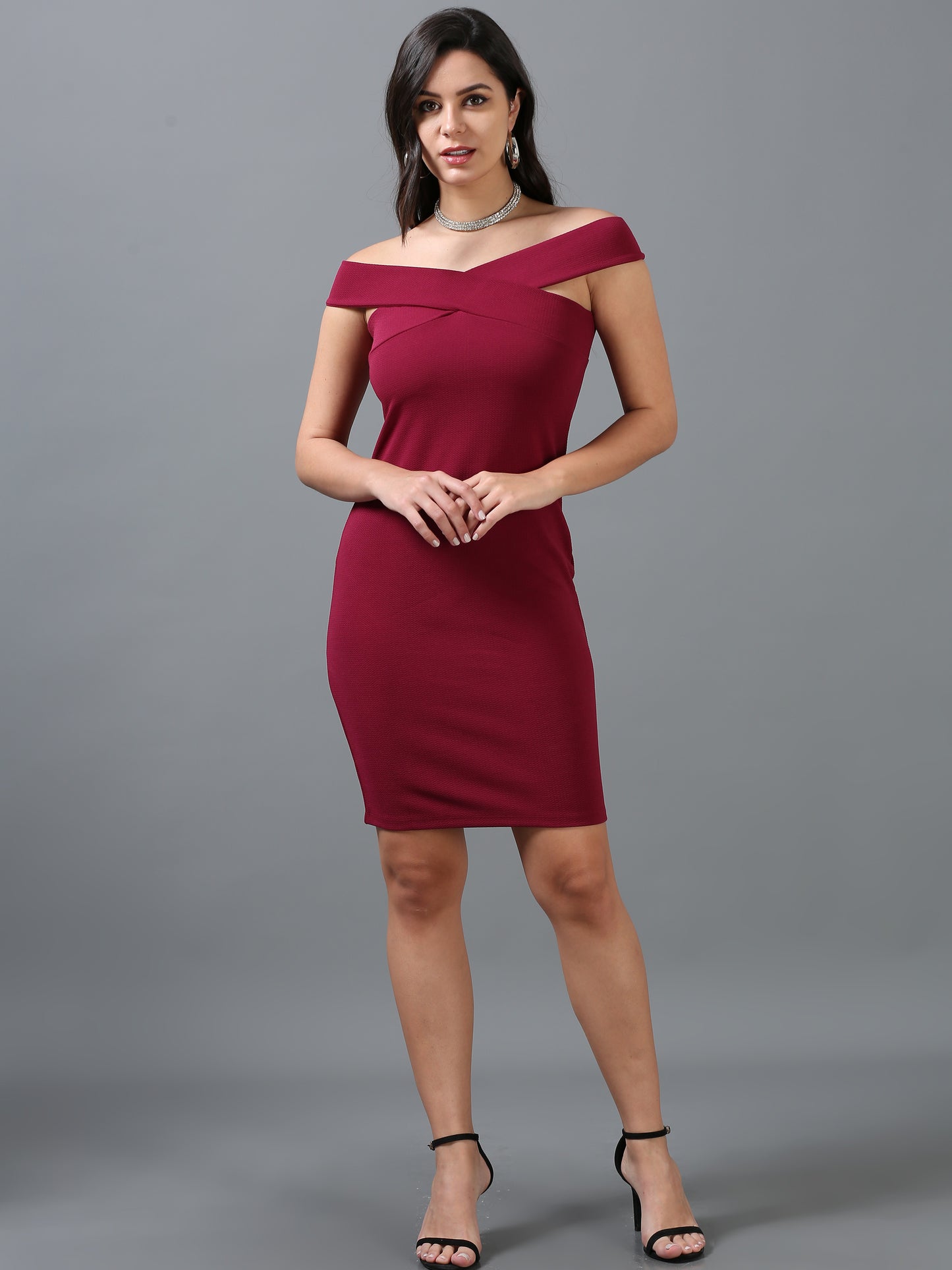 Women Maroon Karara Lycra Sleeveless Offshoulder Dress