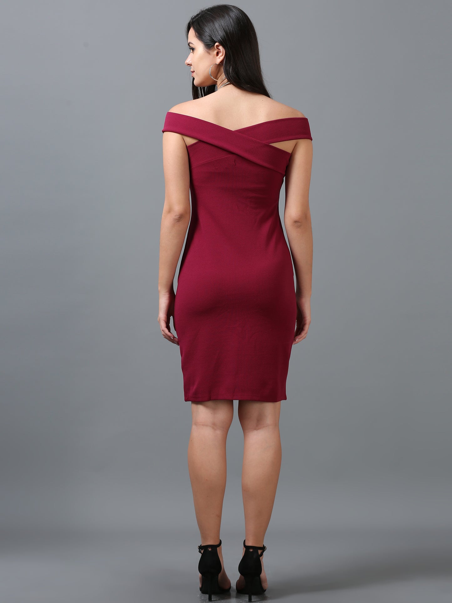 Women Maroon Karara Lycra Sleeveless Offshoulder Dress