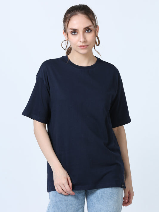 Women Solid Oversized T-Shirt, NAVY BLUE