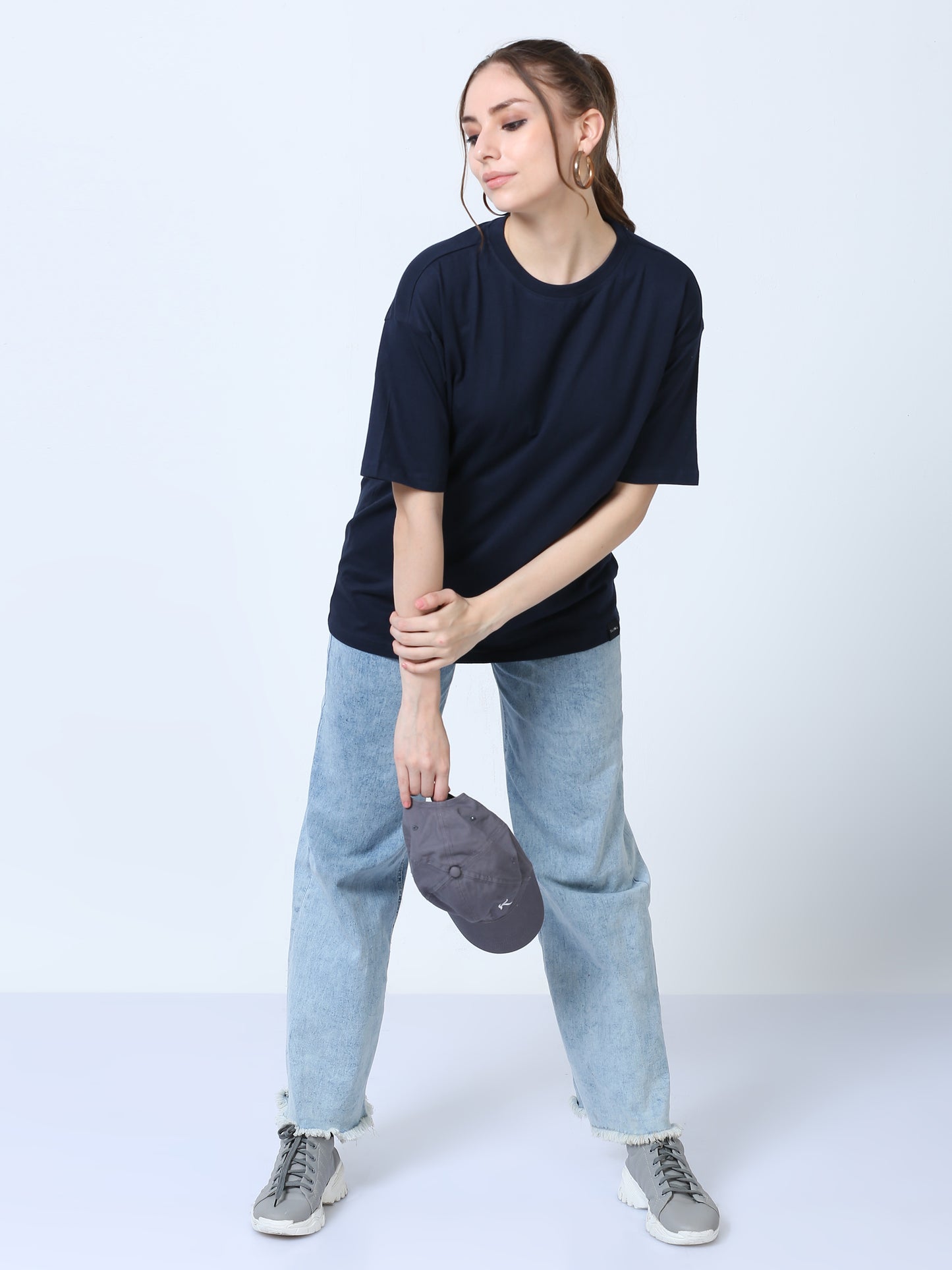 Women Solid Oversized T-Shirt, NAVY BLUE