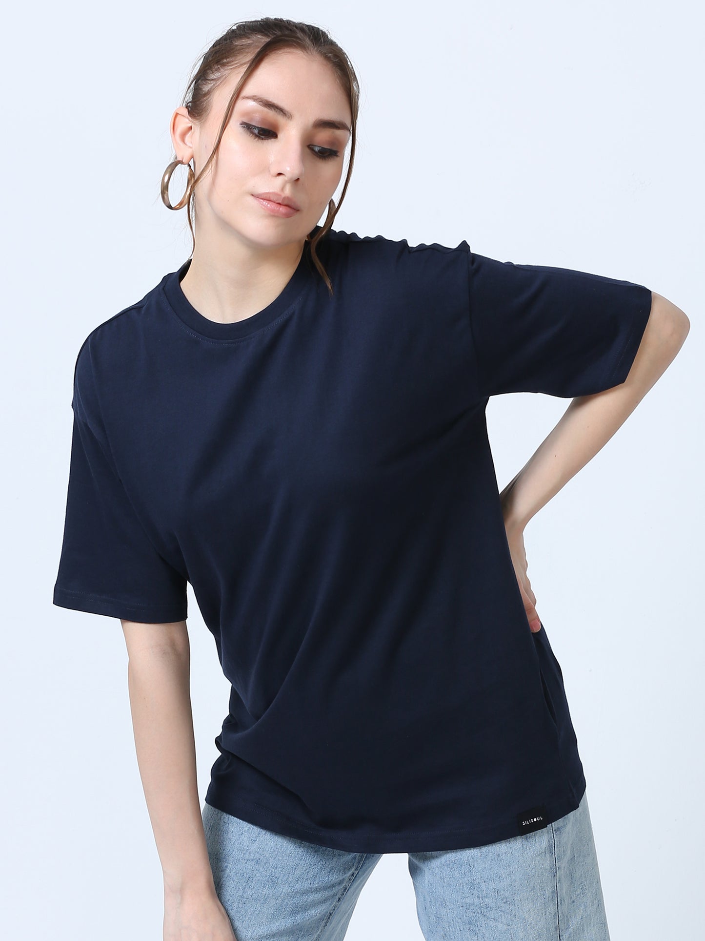 Women Solid Oversized T-Shirt, NAVY BLUE