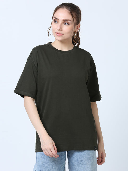 Women Solid Oversized T-Shirt, DARK OLIVE