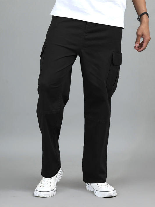 Men Cotton Baggy Fit Cargo Trousers, Black SILISOUL