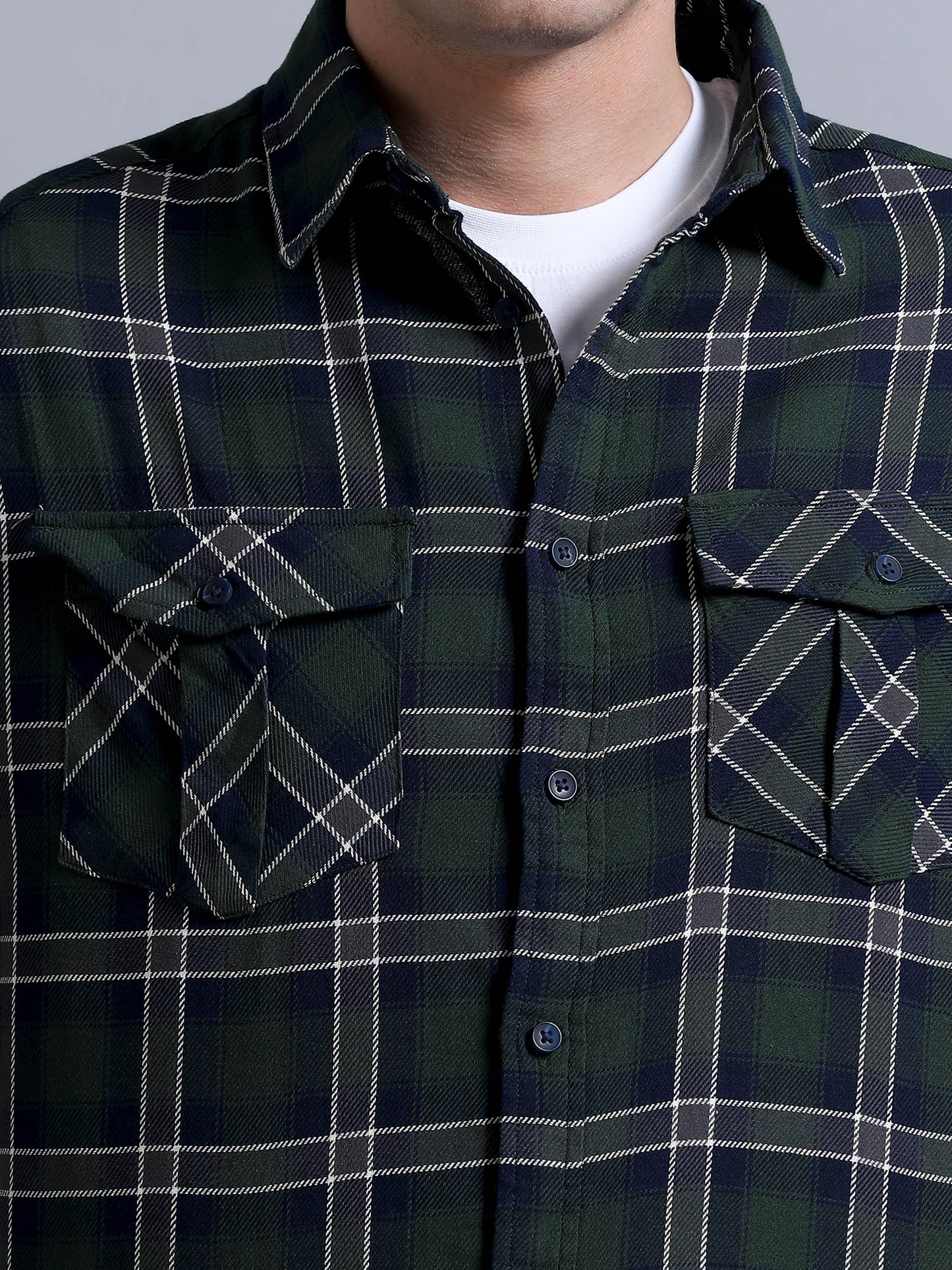 Premium Men Shirt, Relaxed Fit, Yarn Dyed Flannel Check, Pure Cotton, Full Sleeve, Green