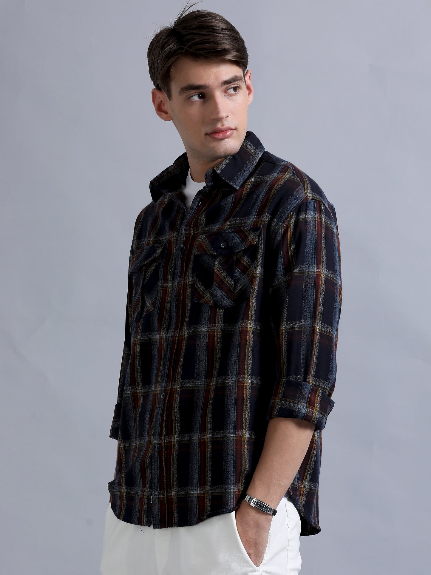 Premium Men Shirt, Relaxed Fit, Yarn Dyed Flannel Check, Pure Cotton, Full Sleeve, Navy Blue & Red
