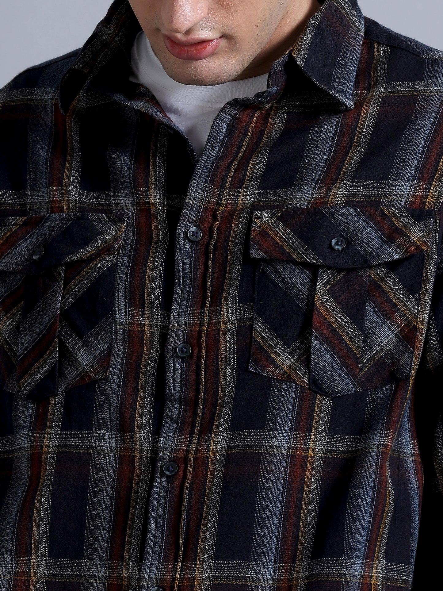 Premium Men Shirt, Relaxed Fit, Yarn Dyed Flannel Check, Pure Cotton, Full Sleeve, Navy Blue & Red