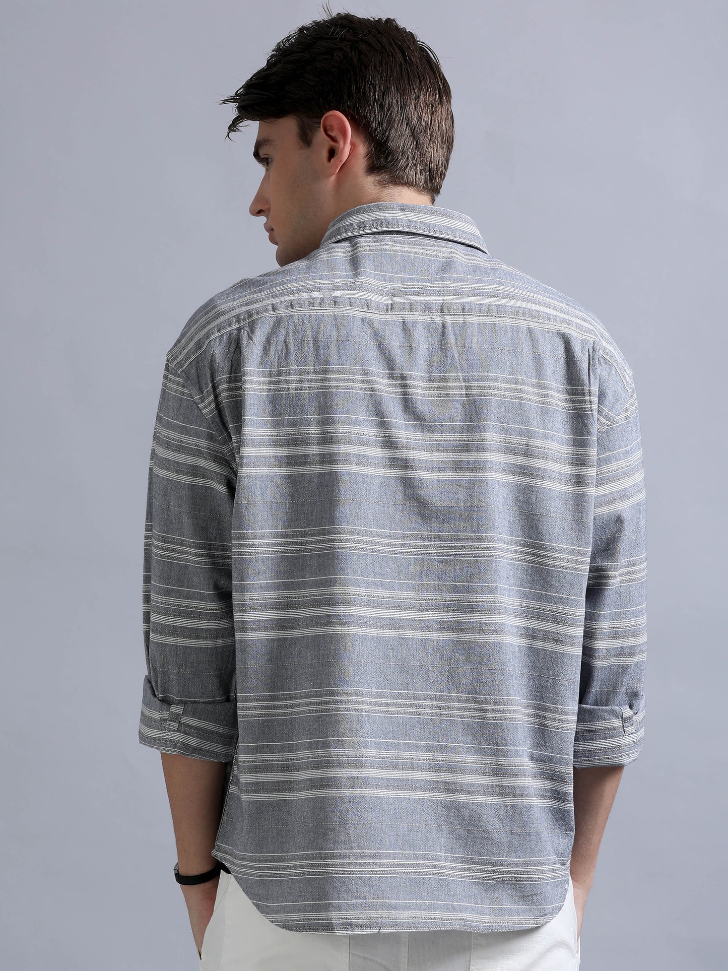 Premium Men Shirt, Relaxed Fit, Yarn Dyed Stripes, Pure Cotton, Full Sleeve, Grey