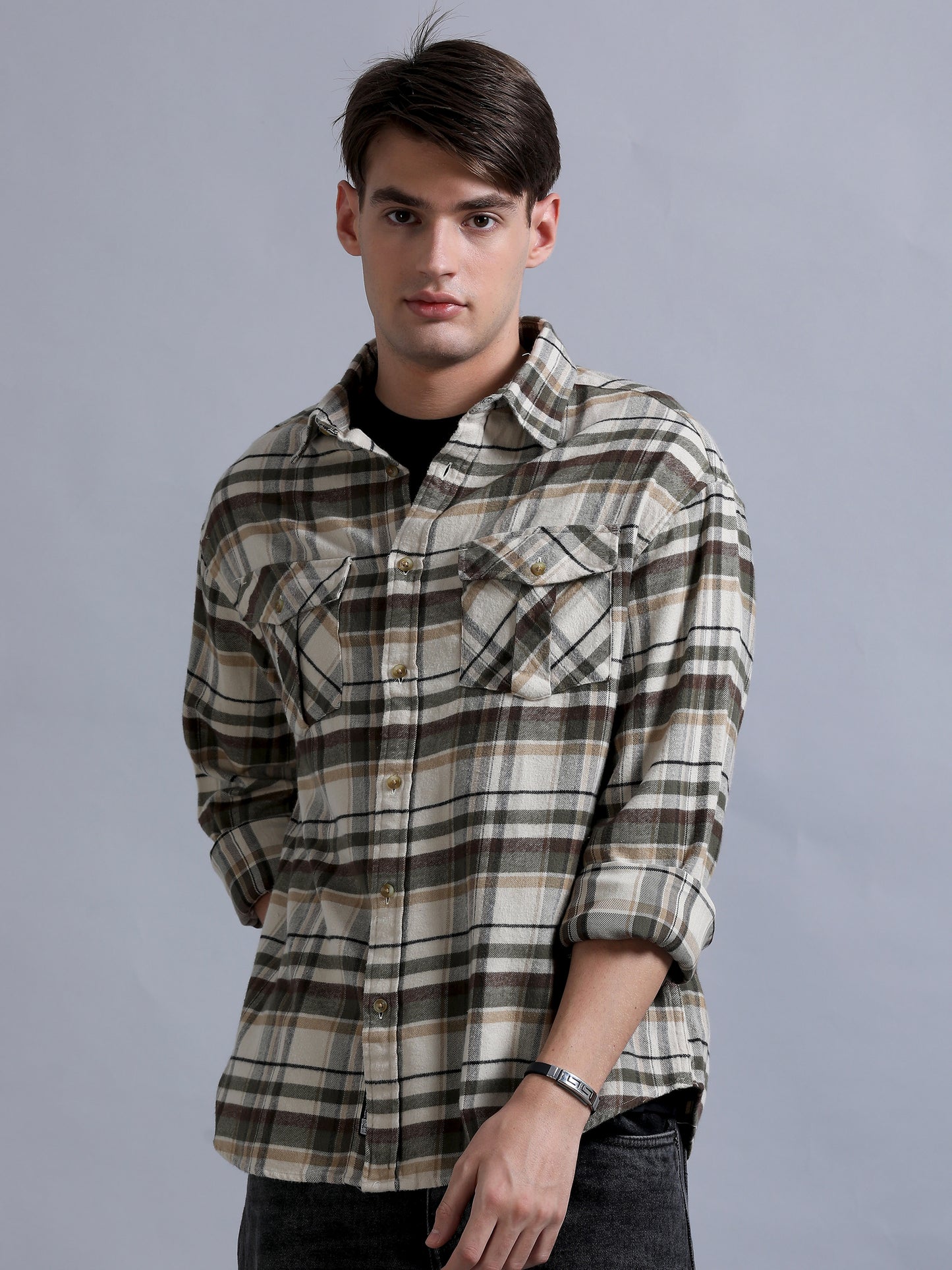 Premium Men Shirt, Relaxed Fit, Yarn Dyed Flannel Check, Pure Cotton, Full Sleeve, Beige