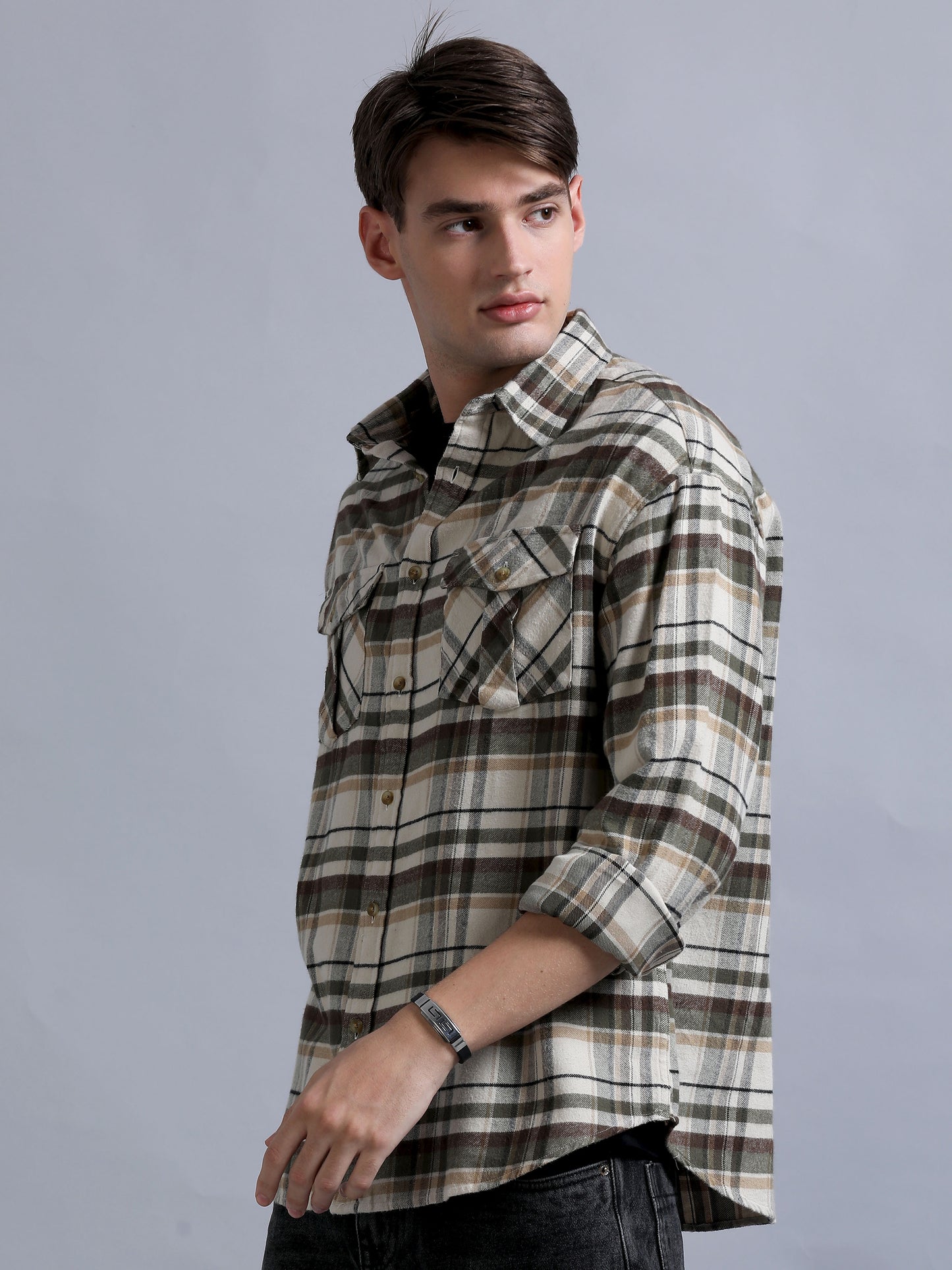 Premium Men Shirt, Relaxed Fit, Yarn Dyed Flannel Check, Pure Cotton, Full Sleeve, Beige