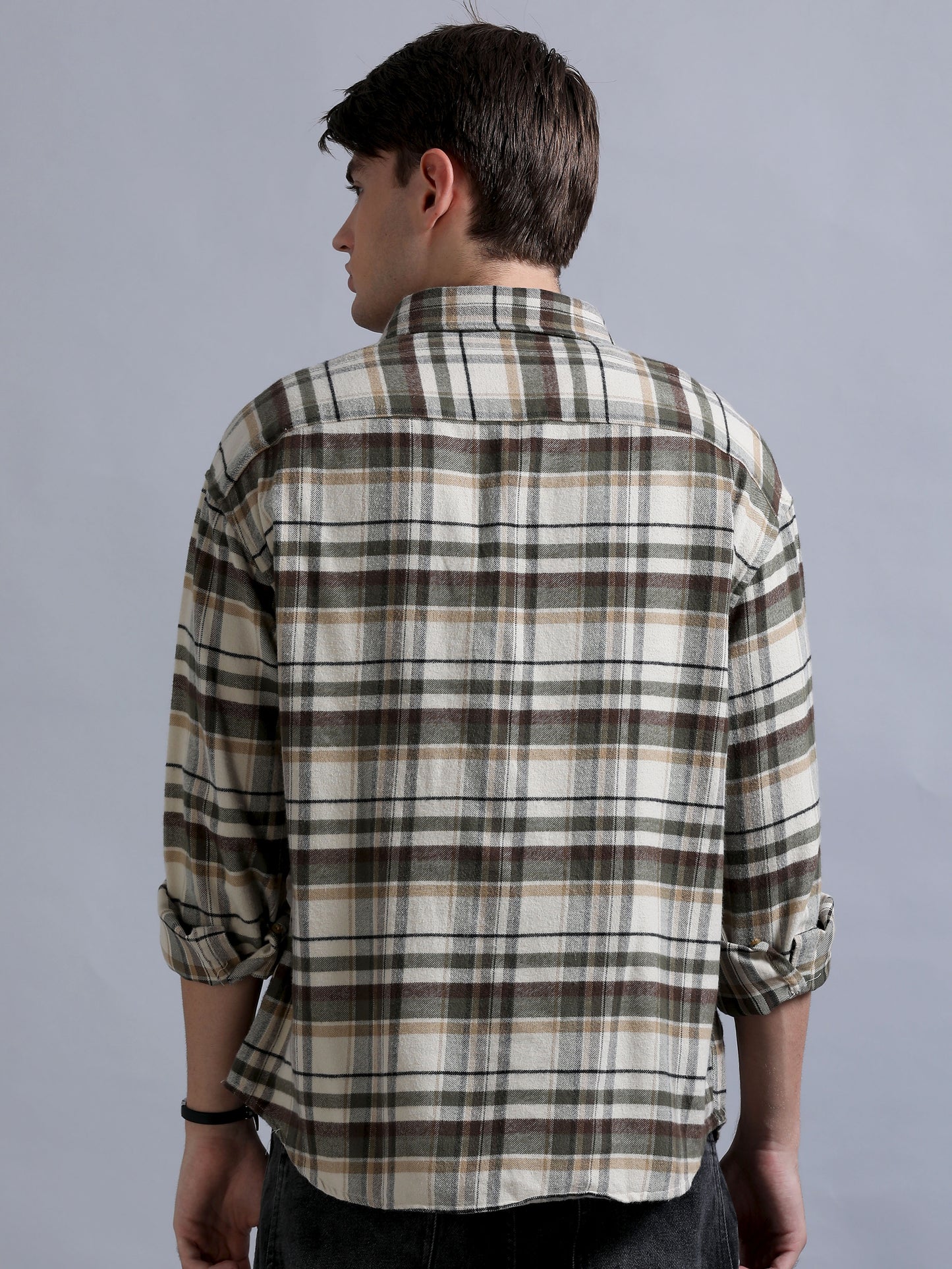 Premium Men Shirt, Relaxed Fit, Yarn Dyed Flannel Check, Pure Cotton, Full Sleeve, Beige