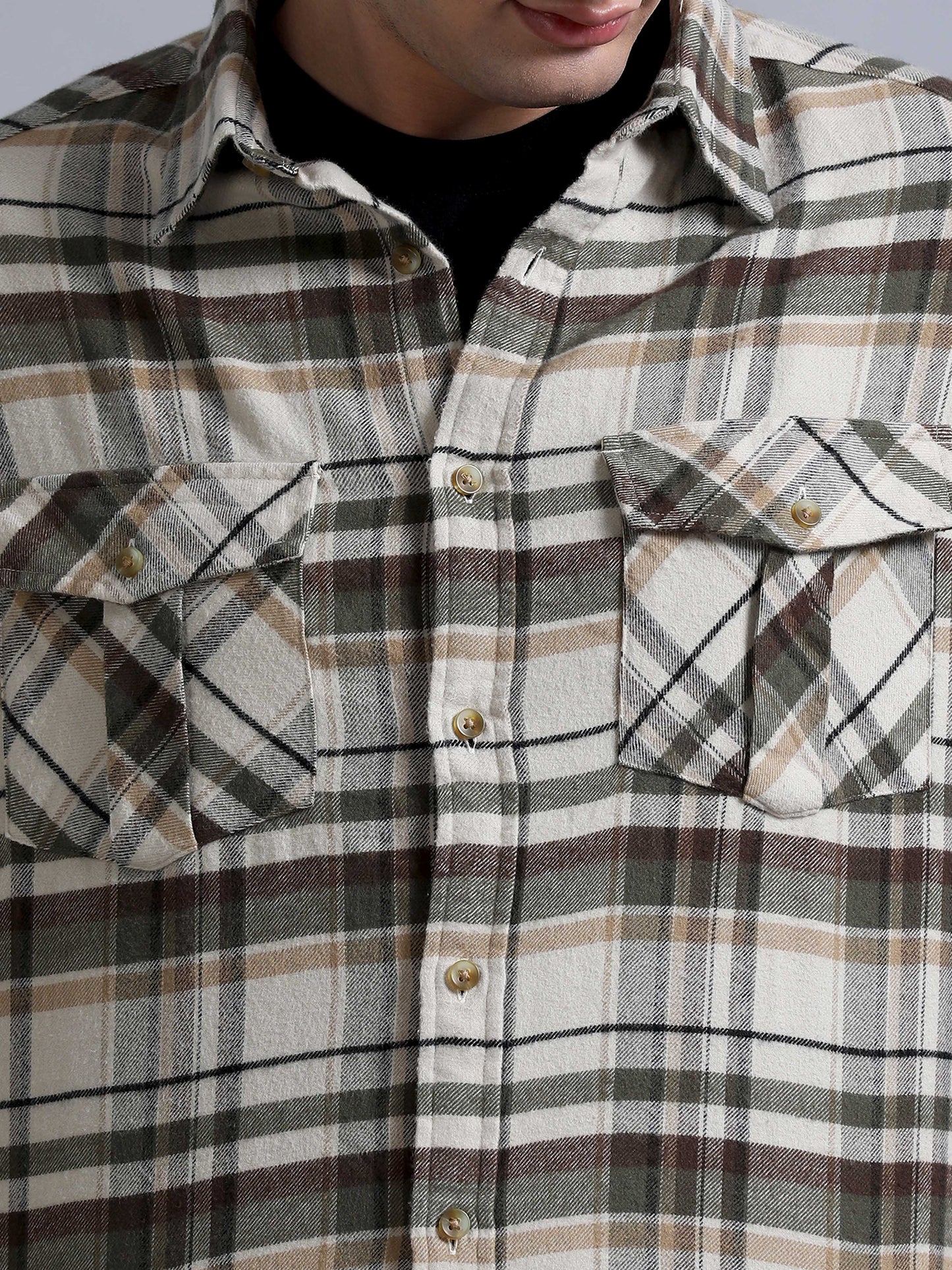 Premium Men Shirt, Relaxed Fit, Yarn Dyed Flannel Check, Pure Cotton, Full Sleeve, Beige