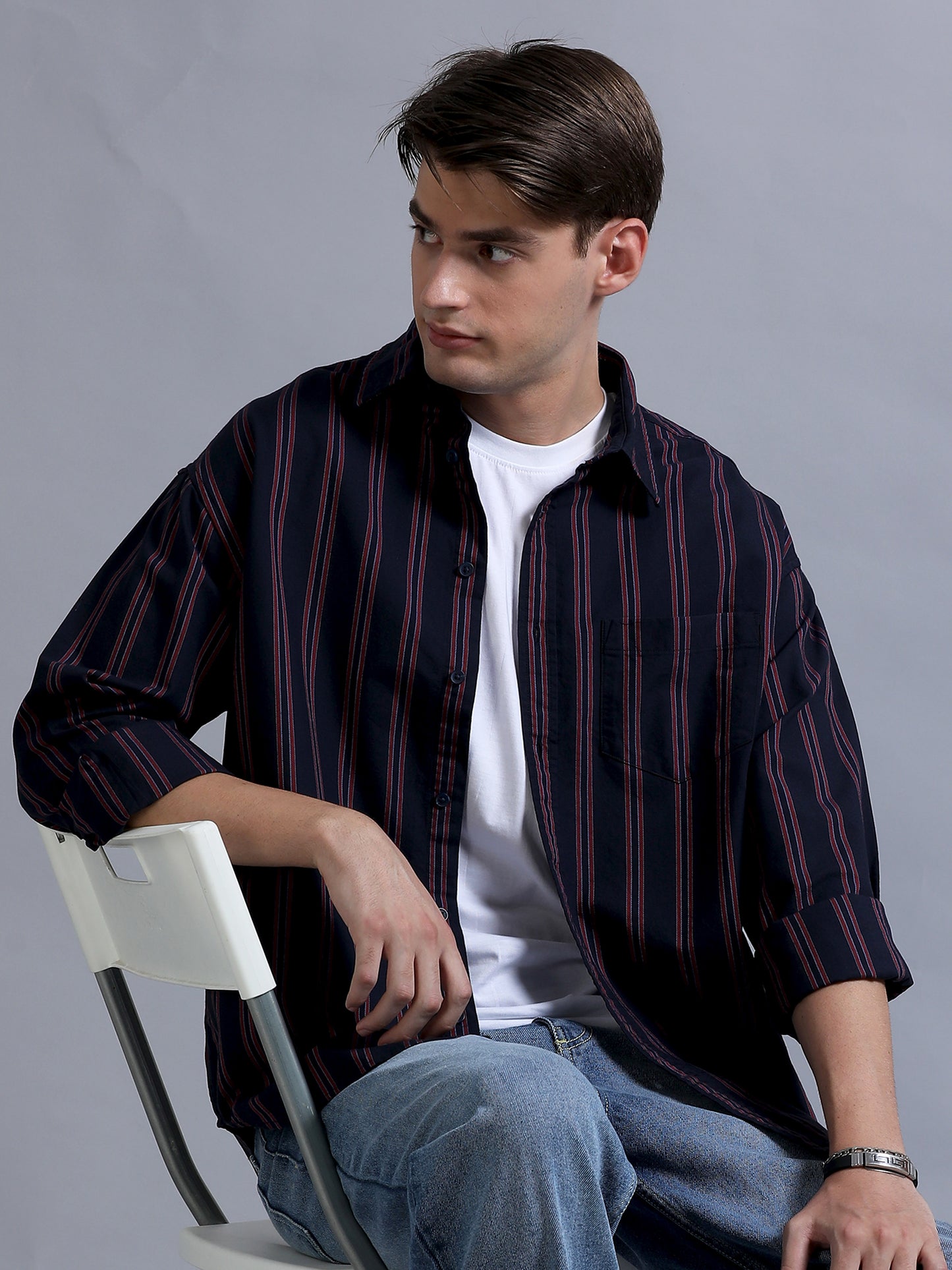 Premium Men Shirt, Relaxed Fit, Yarn Dyed Stripes, Pure Cotton, Full Sleeve, Navy Blue