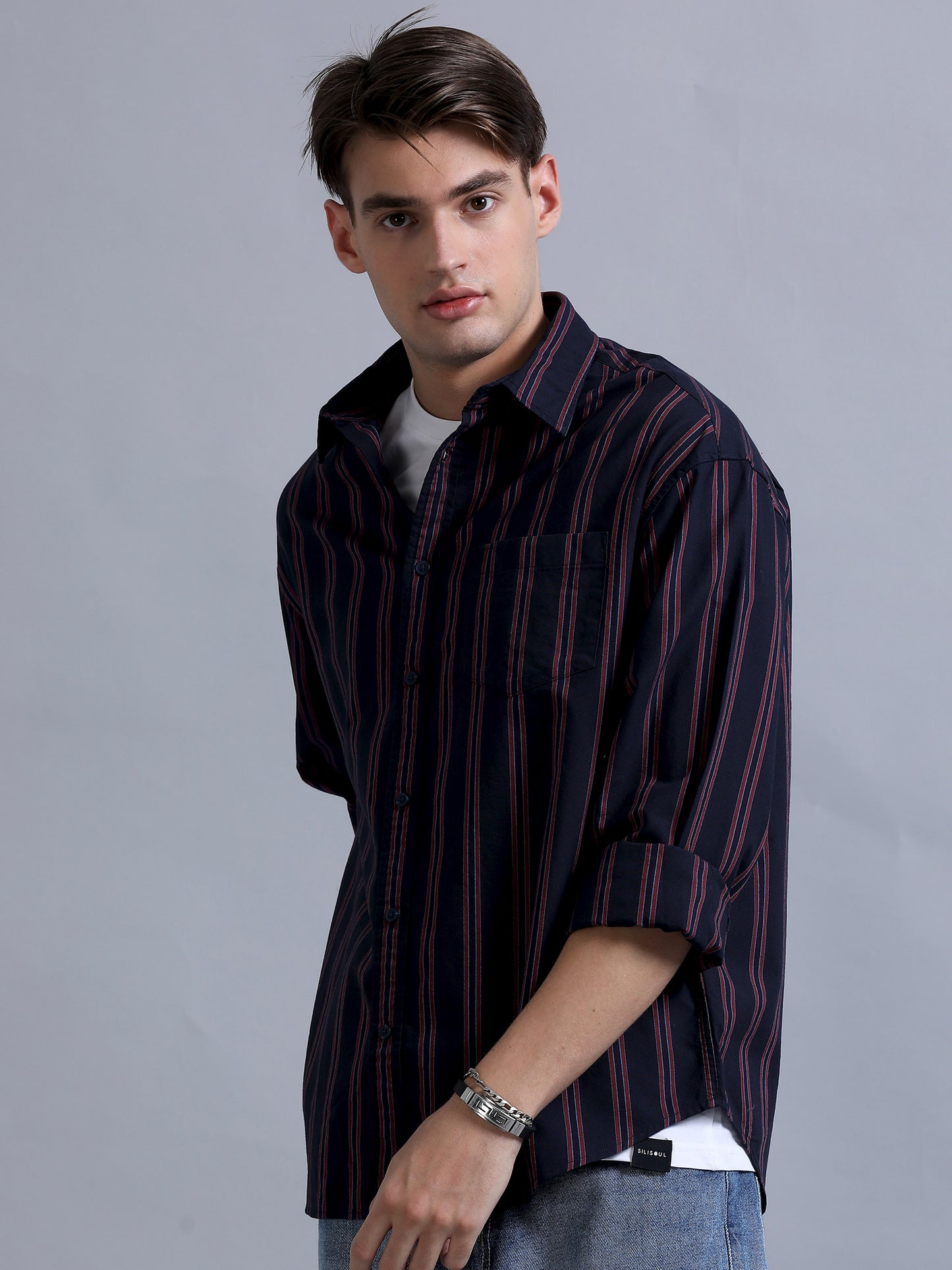 Premium Men Shirt, Relaxed Fit, Yarn Dyed Stripes, Pure Cotton, Full Sleeve, Navy Blue