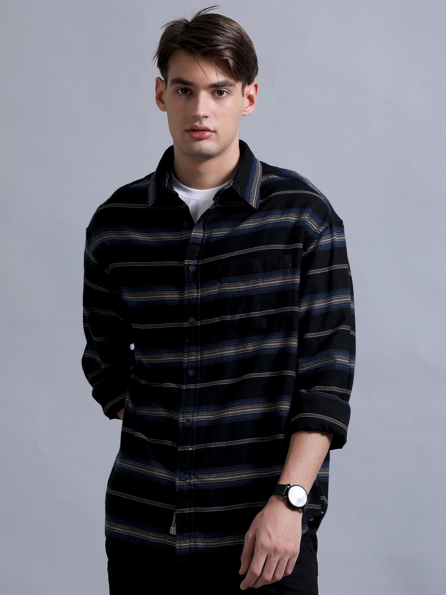 Premium Men Shirt, Relaxed Fit, Yarn Dyed Stripes, Pure Cotton, Full Sleeve, Black