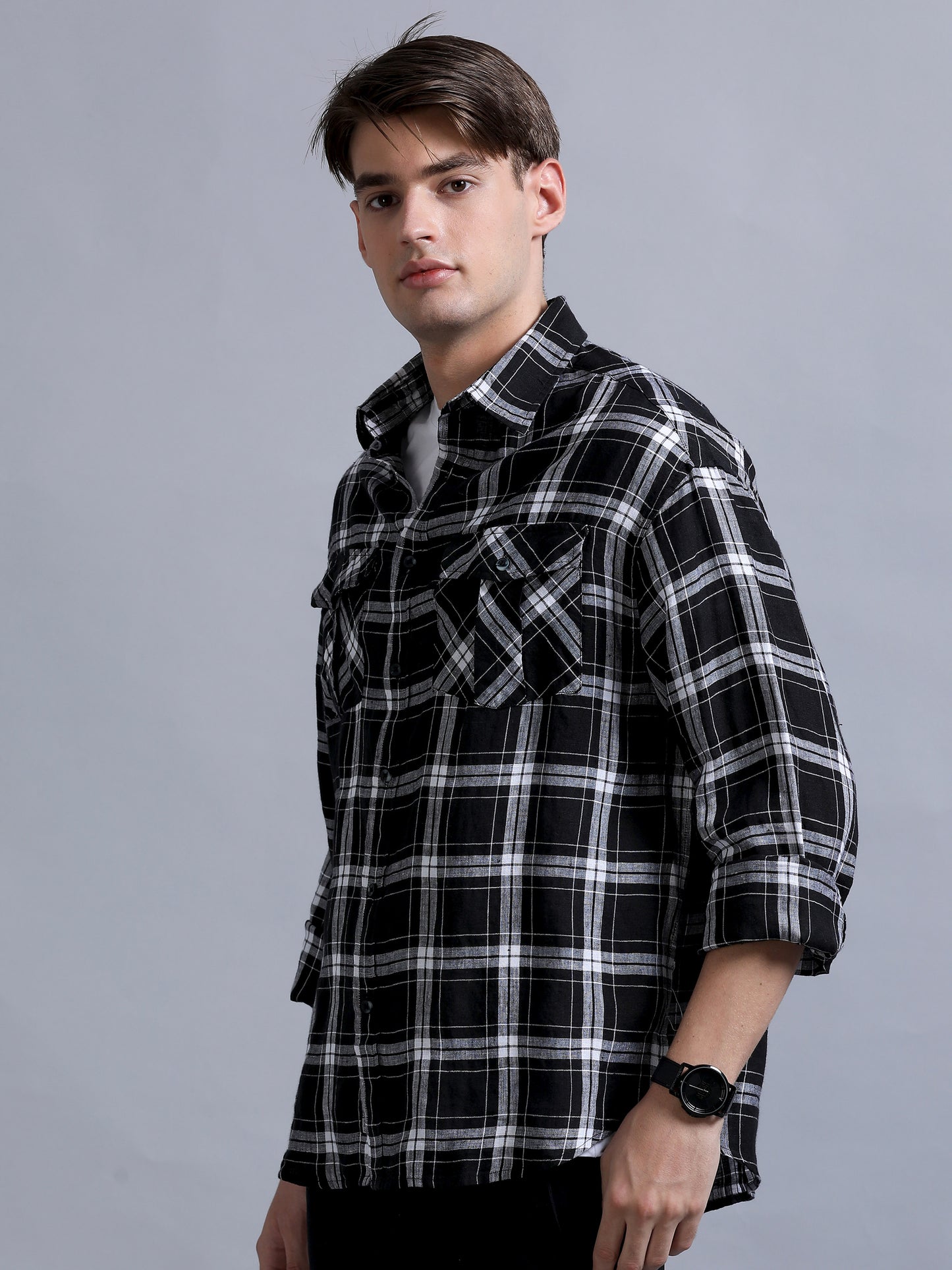 Premium Men LINEN Shirt, Relaxed Fit, Yarn Dyed Check, Full Sleeve, Black