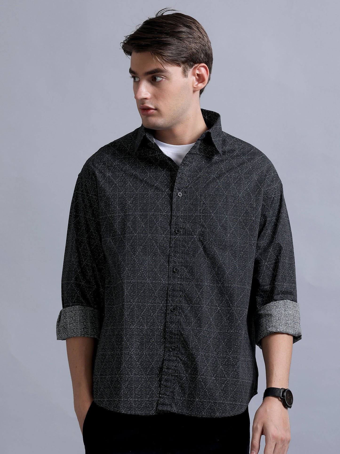 Premium Men Shirt, Relaxed Fit, Pure Cotton, Full Sleeve, Printed, Charcoal Grey