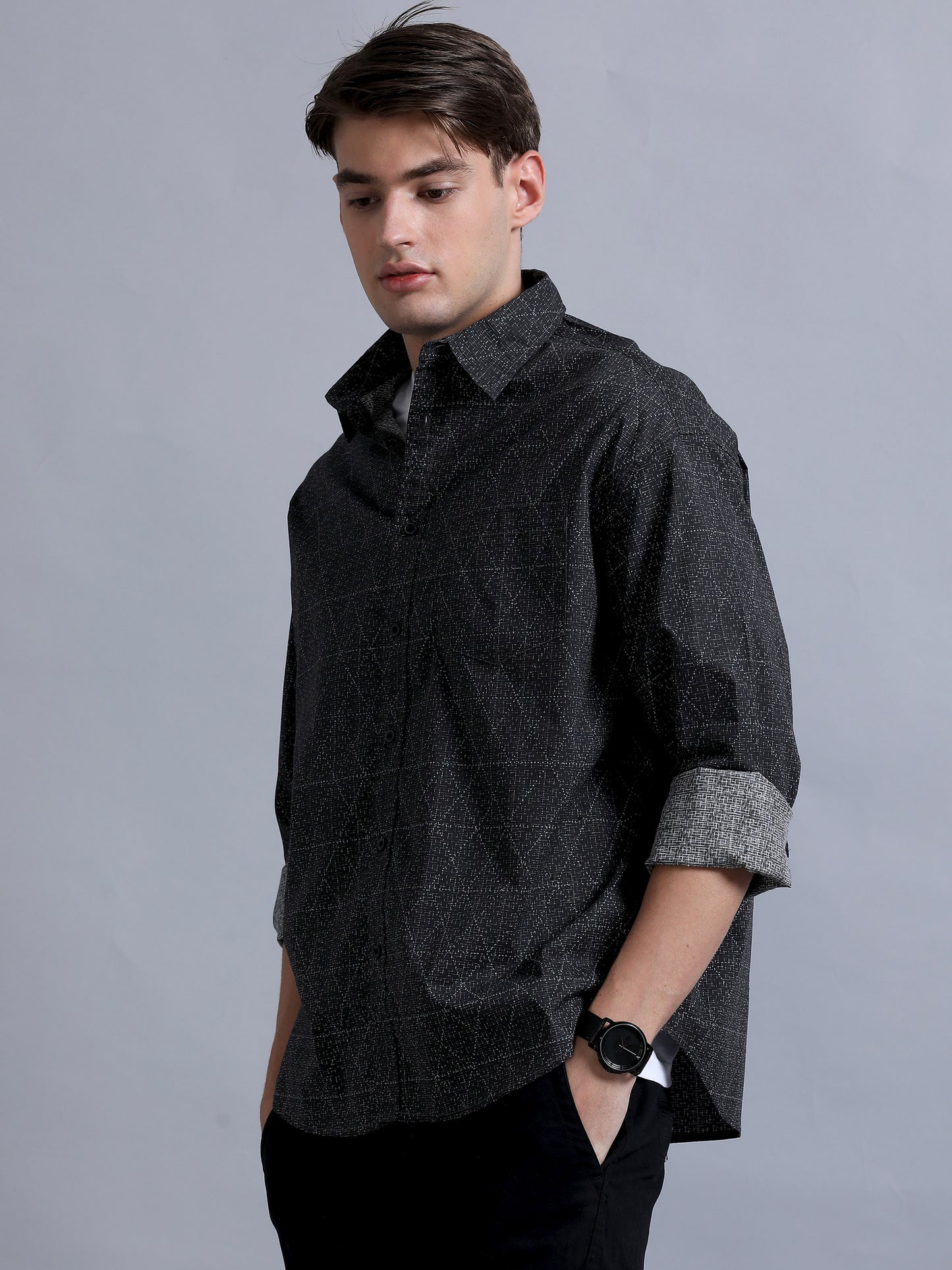 Premium Men Shirt, Relaxed Fit, Pure Cotton, Full Sleeve, Printed, Charcoal Grey