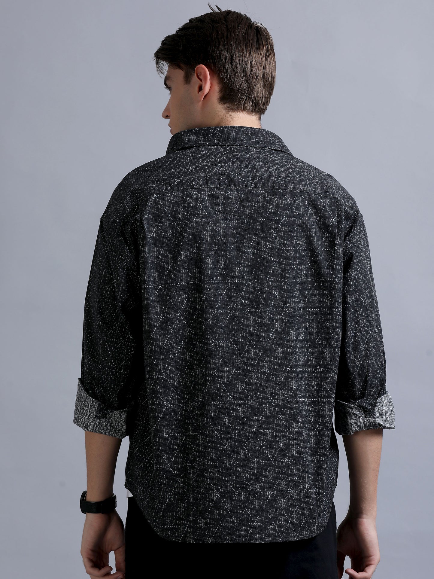 Premium Men Shirt, Relaxed Fit, Pure Cotton, Full Sleeve, Printed, Charcoal Grey