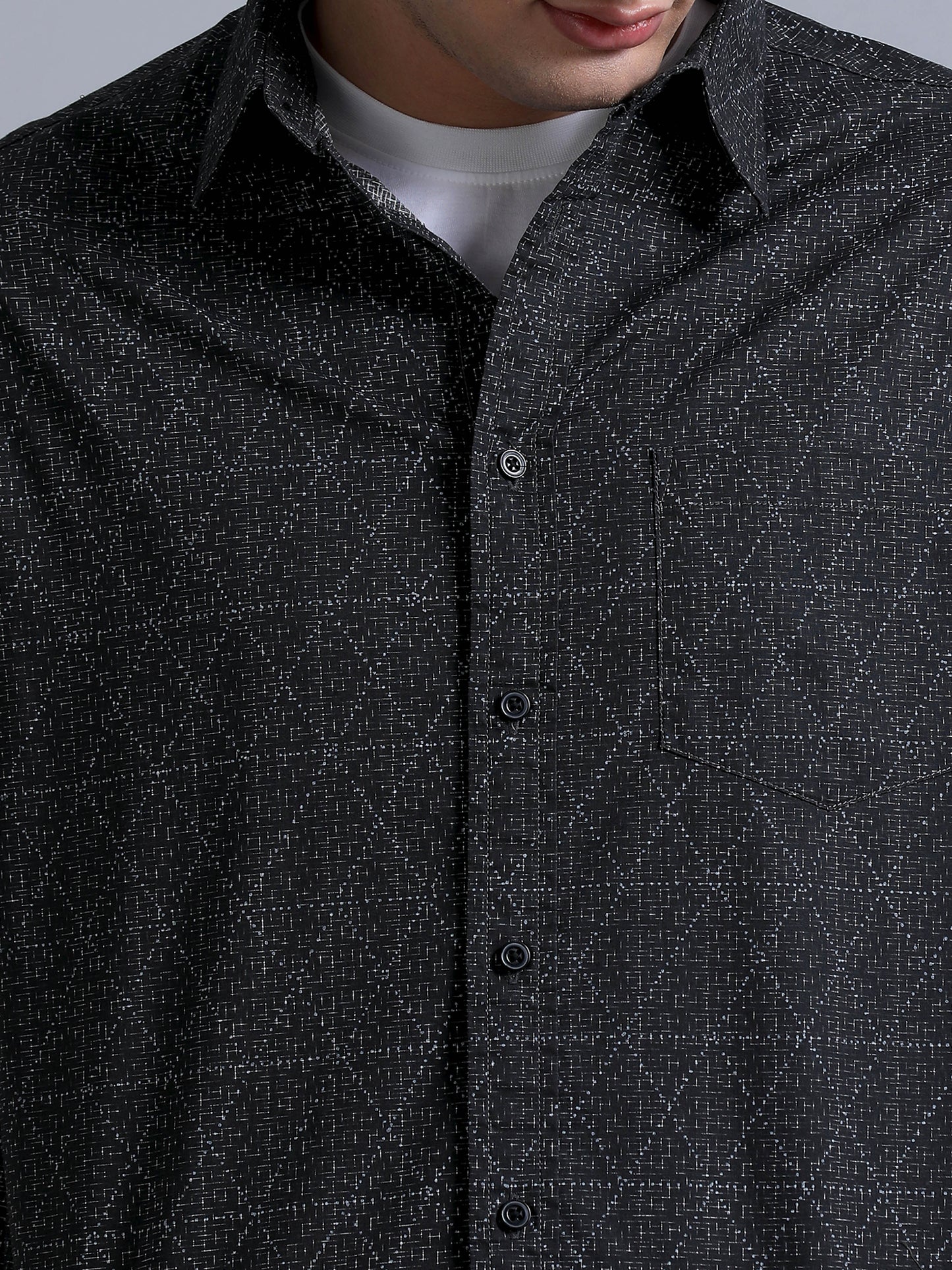 Premium Men Shirt, Relaxed Fit, Pure Cotton, Full Sleeve, Printed, Charcoal Grey