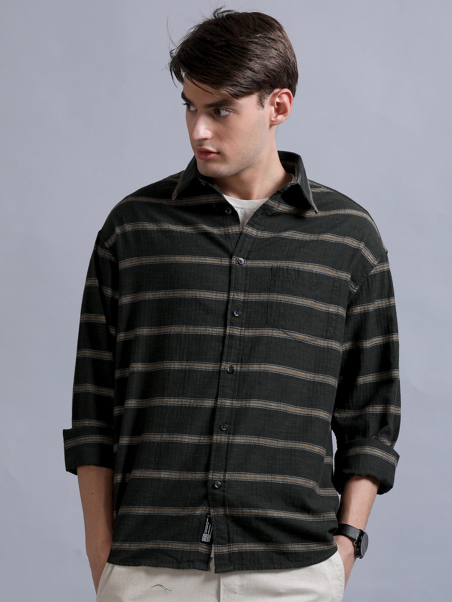 Premium Men Shirt, Relaxed Fit, Yarn Dyed Stripes, Pure Cotton, Full Sleeve, Olive