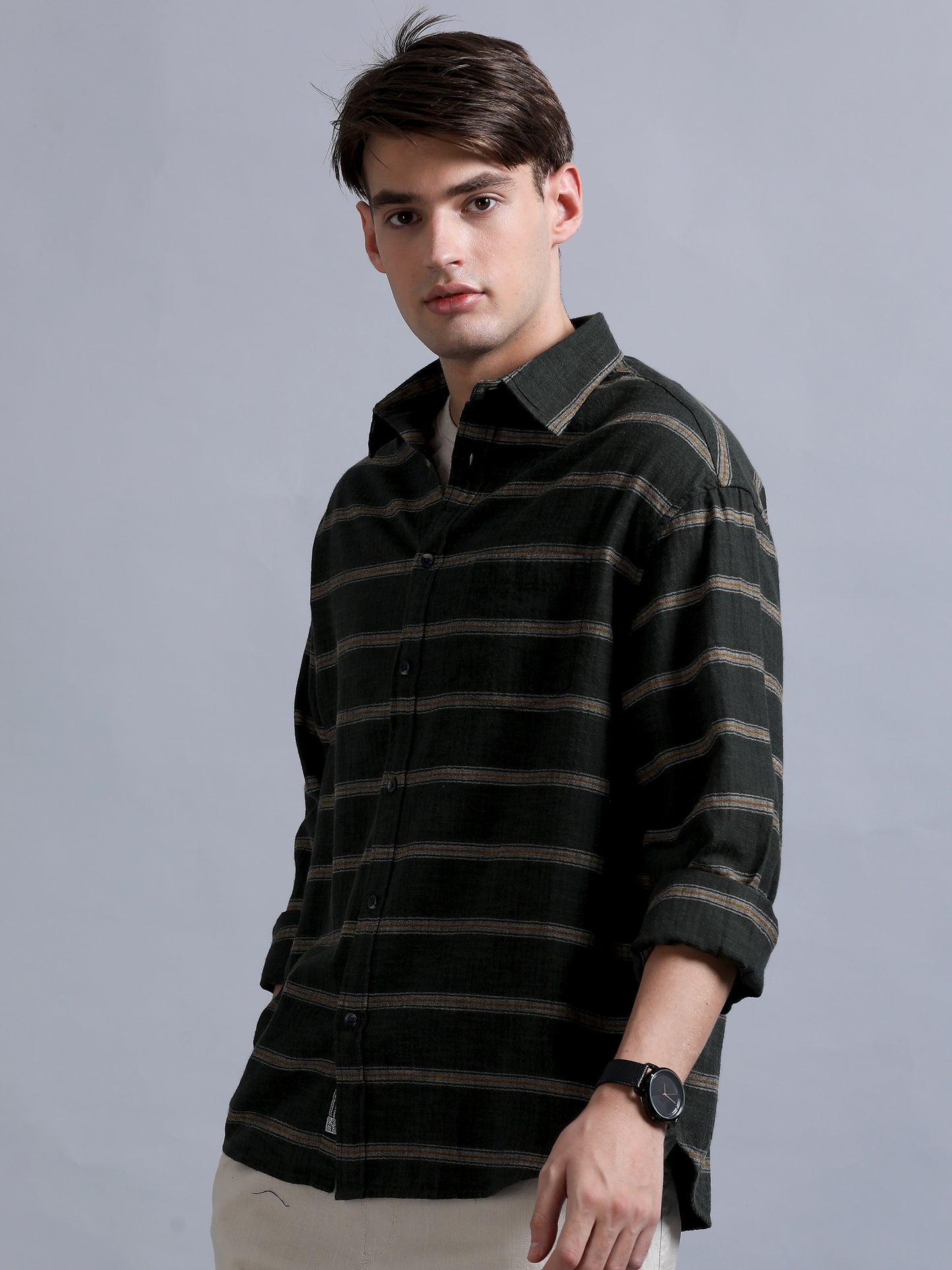 Premium Men Shirt, Relaxed Fit, Yarn Dyed Stripes, Pure Cotton, Full Sleeve, Olive