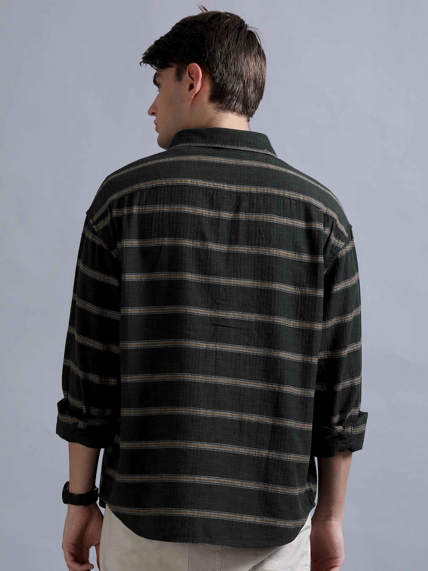 Premium Men Shirt, Relaxed Fit, Yarn Dyed Stripes, Pure Cotton, Full Sleeve, Olive