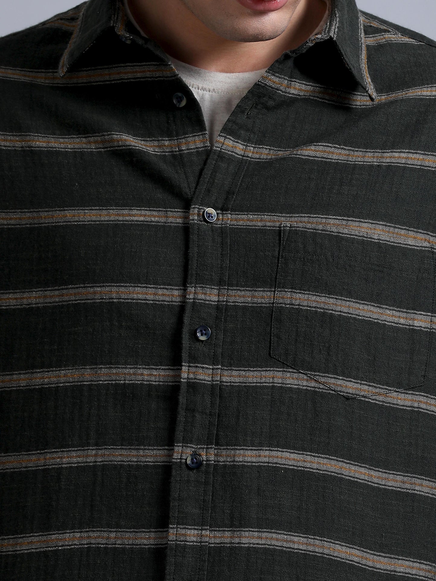 Premium Men Shirt, Relaxed Fit, Yarn Dyed Stripes, Pure Cotton, Full Sleeve, Olive