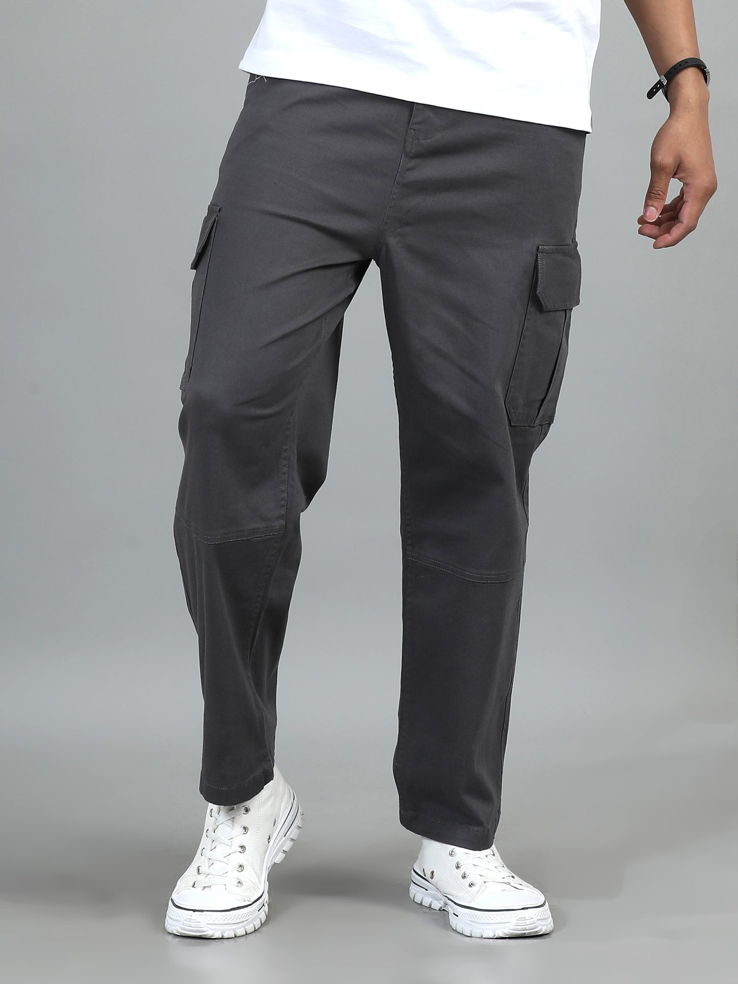 Men Cotton Baggy Fit Cargo Trousers, Dark Grey SILISOUL