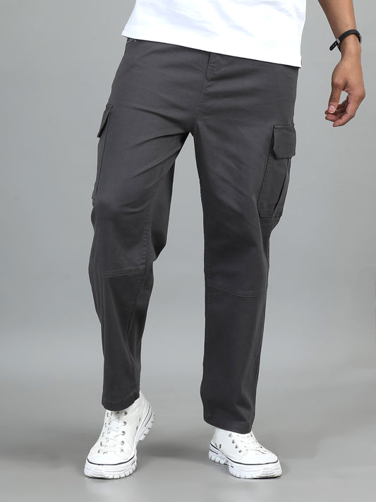 Men Cotton Baggy Fit Cargo Trousers, Dark Grey