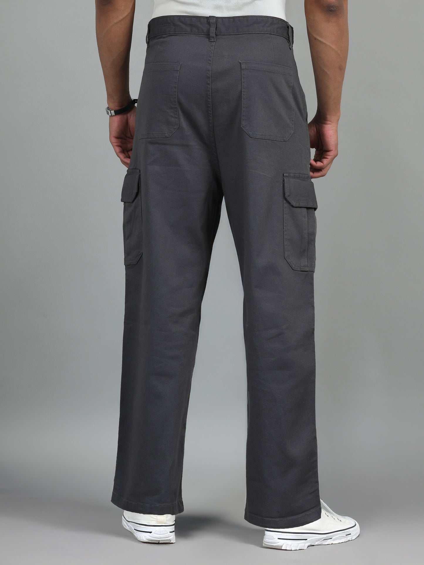 Men Cotton Baggy Fit Cargo Trousers, Dark Grey