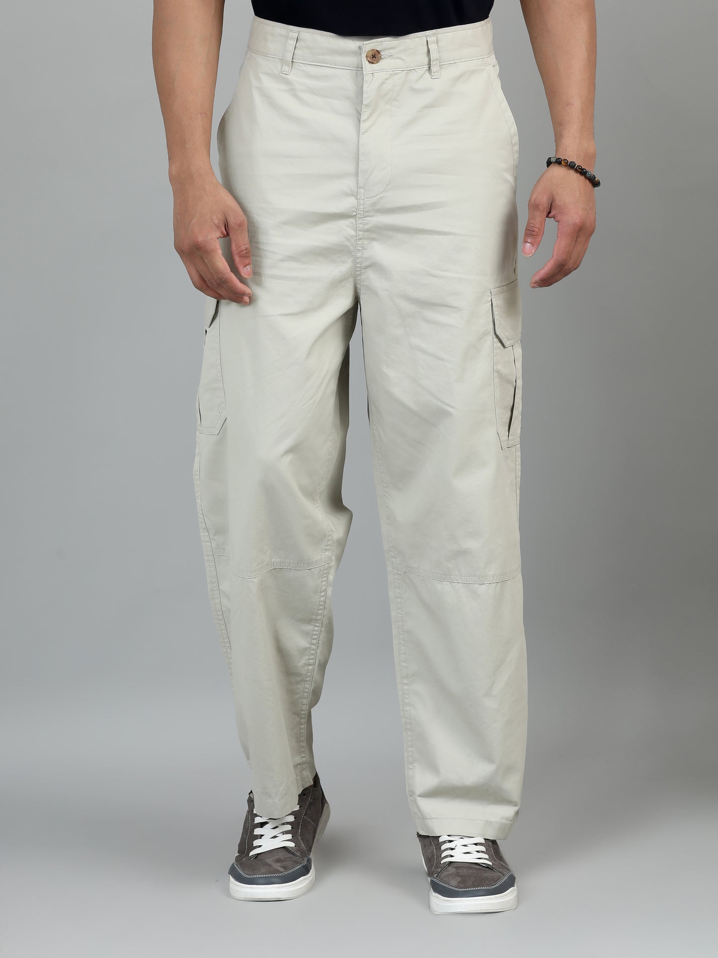 Men Cotton Baggy Fit Cargo Trousers, Light Beige