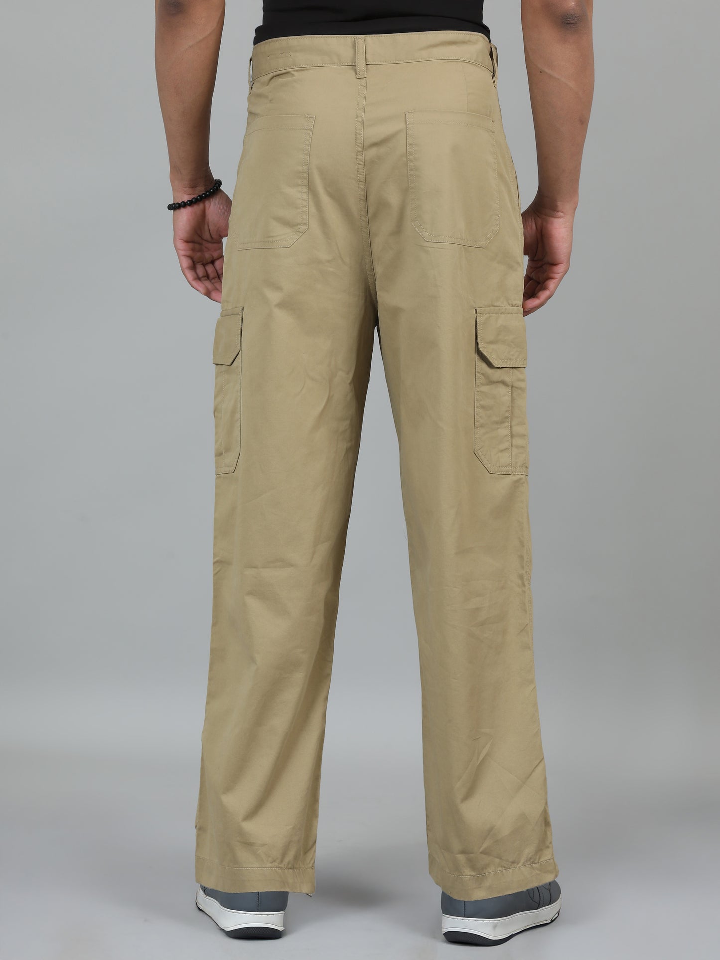 Men Cotton Baggy Fit Cargo Trousers, Khaki