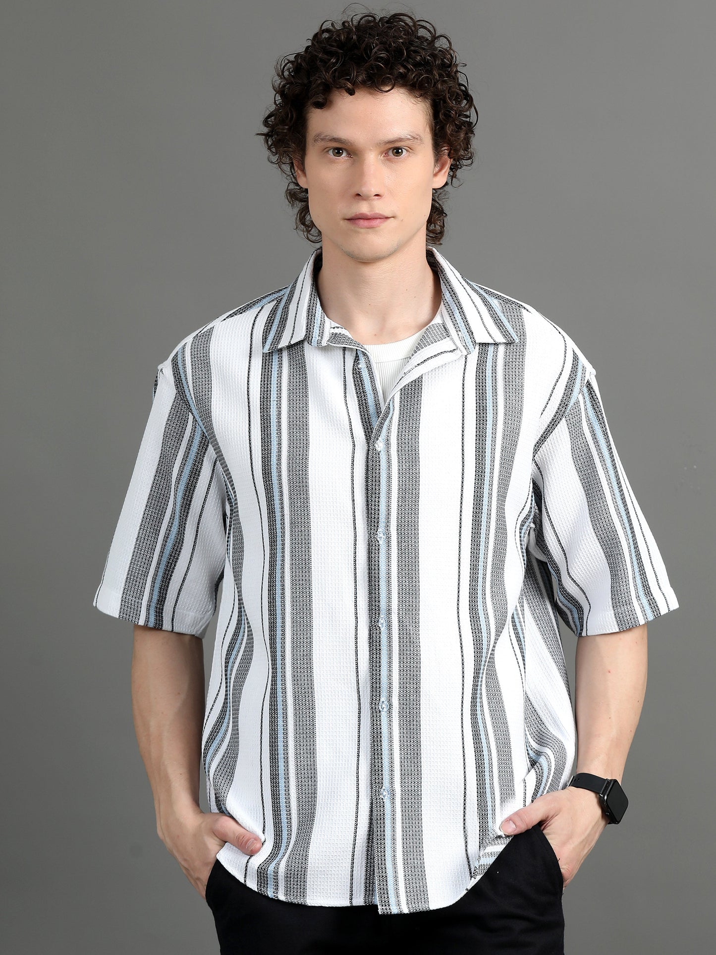 Premium Men Oversized Shirt, Yarn Dyed Stripes, Textured Fabric, Half Sleeve, Cotton, White