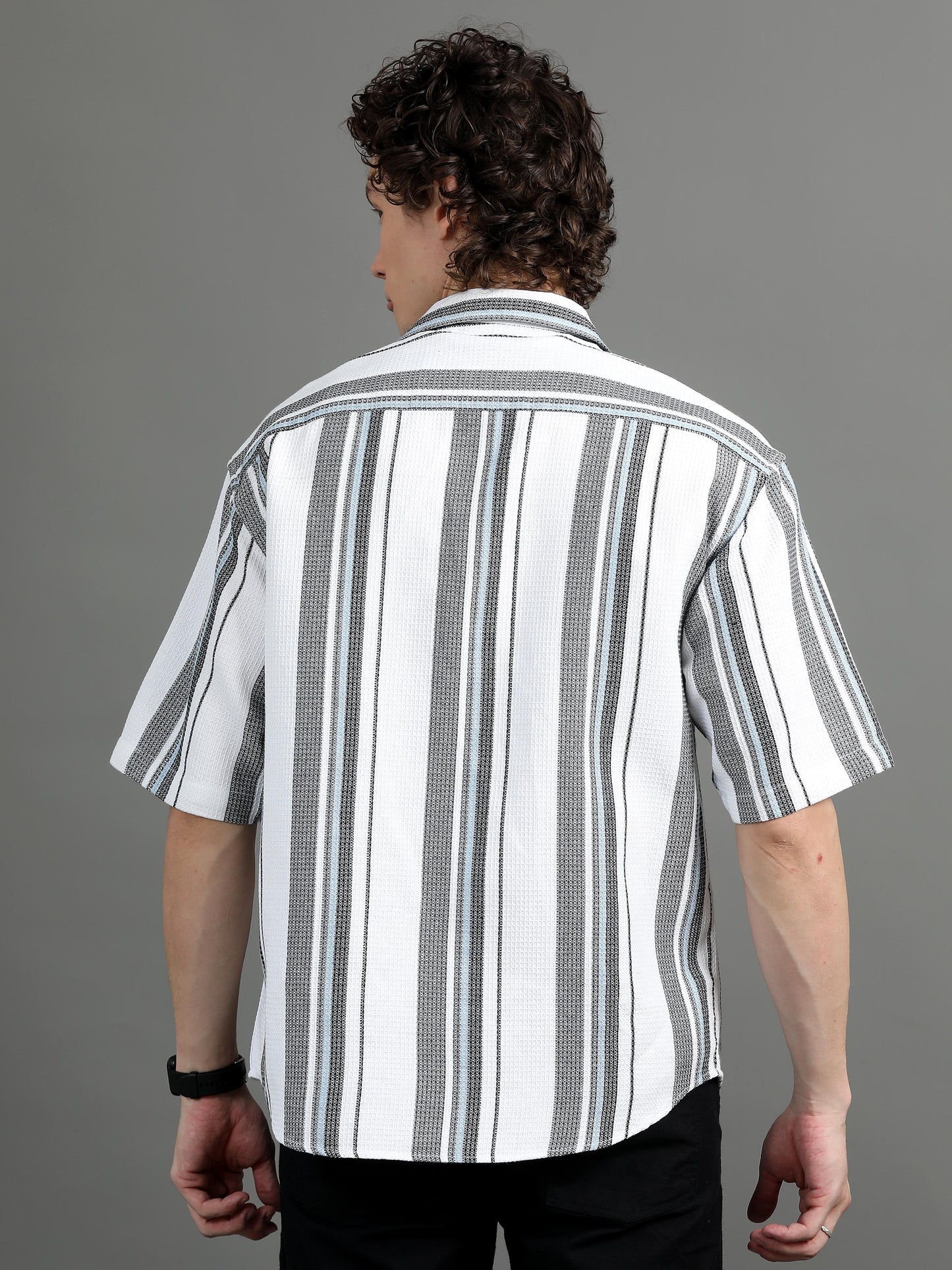 Premium Men Oversized Shirt, Yarn Dyed Stripes, Textured Fabric, Half Sleeve, Cotton, White