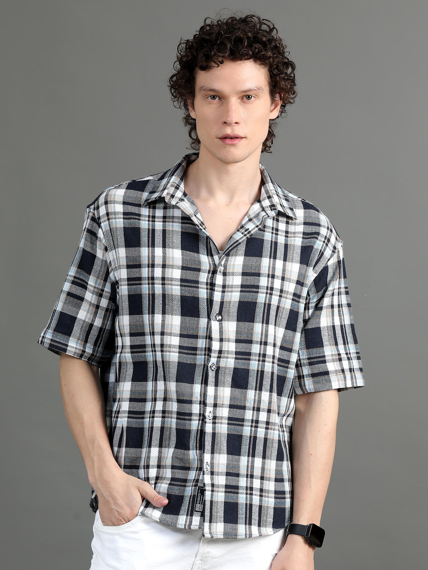 Premium Men Oversized Shirt, Yarn Dyed Stripes, Textured Fabric, Half Sleeve, Cotton, Blue