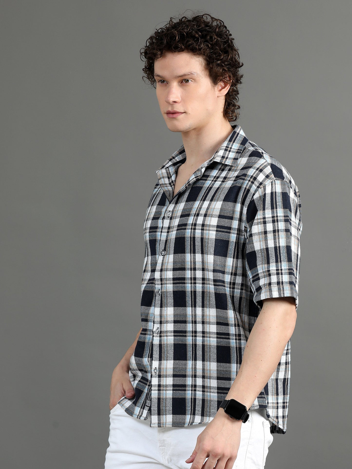 Premium Men Oversized Shirt, Yarn Dyed Stripes, Textured Fabric, Half Sleeve, Cotton, Blue SILISOUL