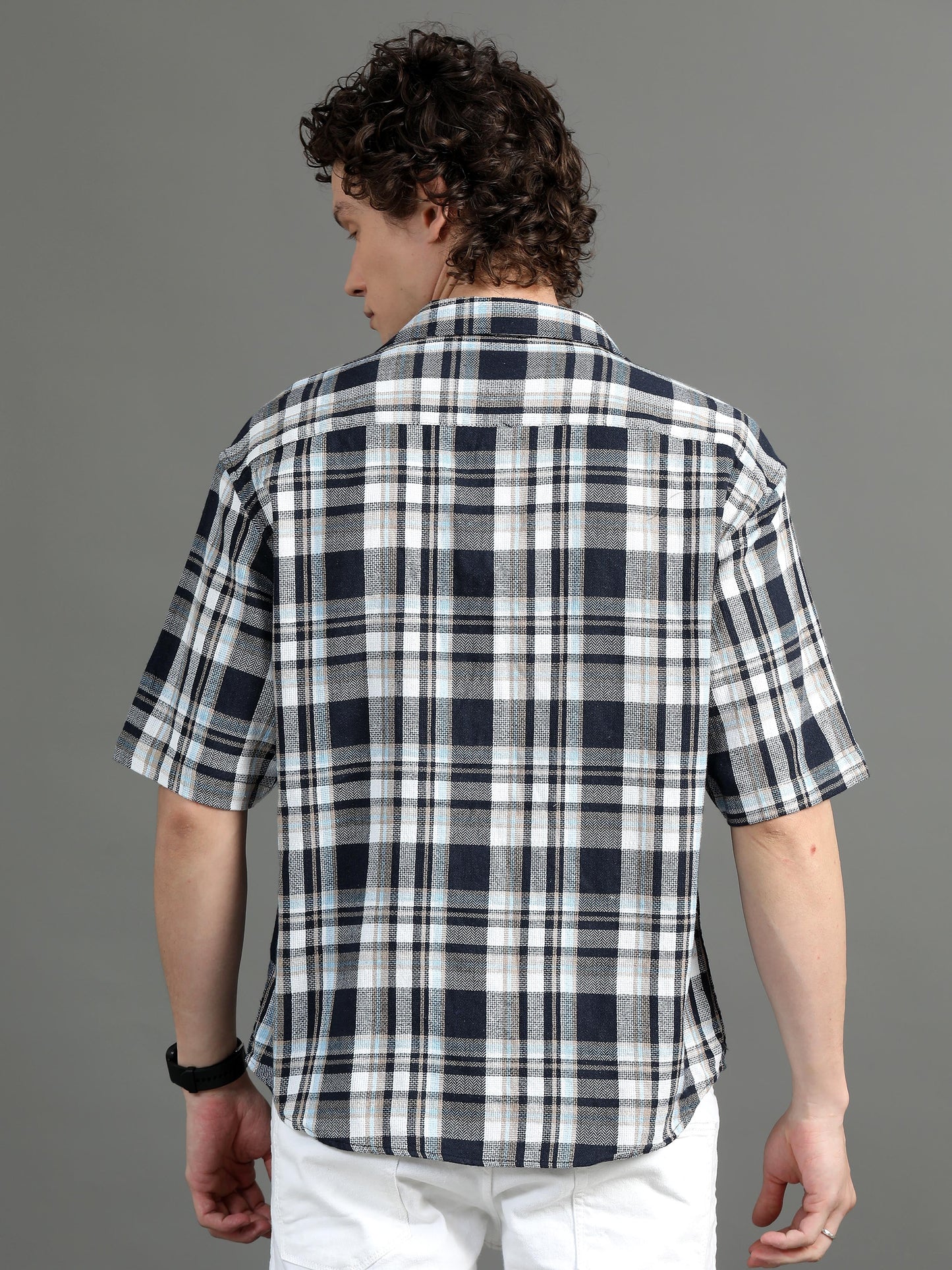 Premium Men Oversized Shirt, Yarn Dyed Stripes, Textured Fabric, Half Sleeve, Cotton, Blue