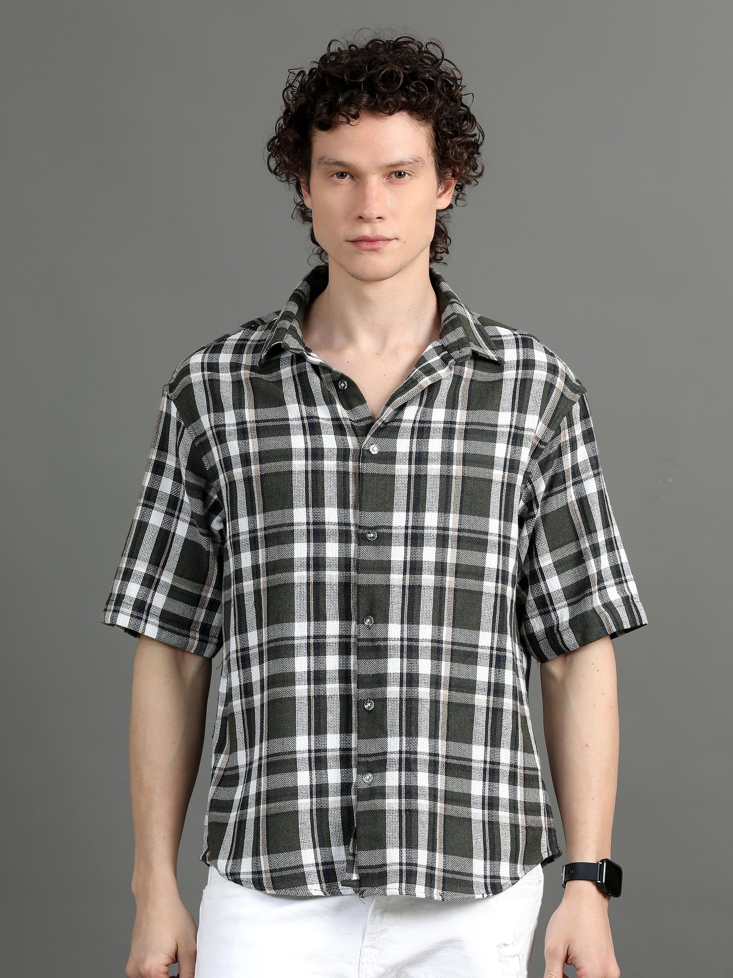 Premium Men Oversized Shirt, Yarn Dyed Stripes, Textured Fabric, Half Sleeve, Cotton, Green
