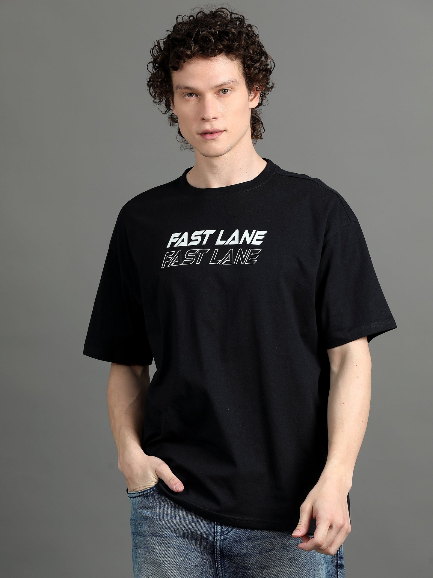 Men FAST LANE Printed Oversized T-Shirt