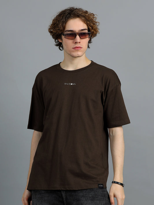 Men Brown Brand Logo Solid Oversized T-Shirt