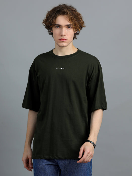 Men Dark Olive Brand Logo Solid Oversized T-Shirt