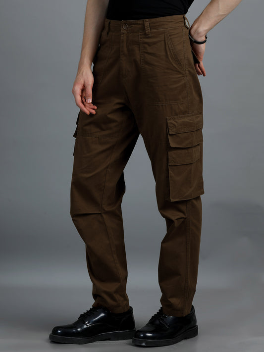 Men Cotton Relaxed Fit Cargo Trousers, Dark Khaki