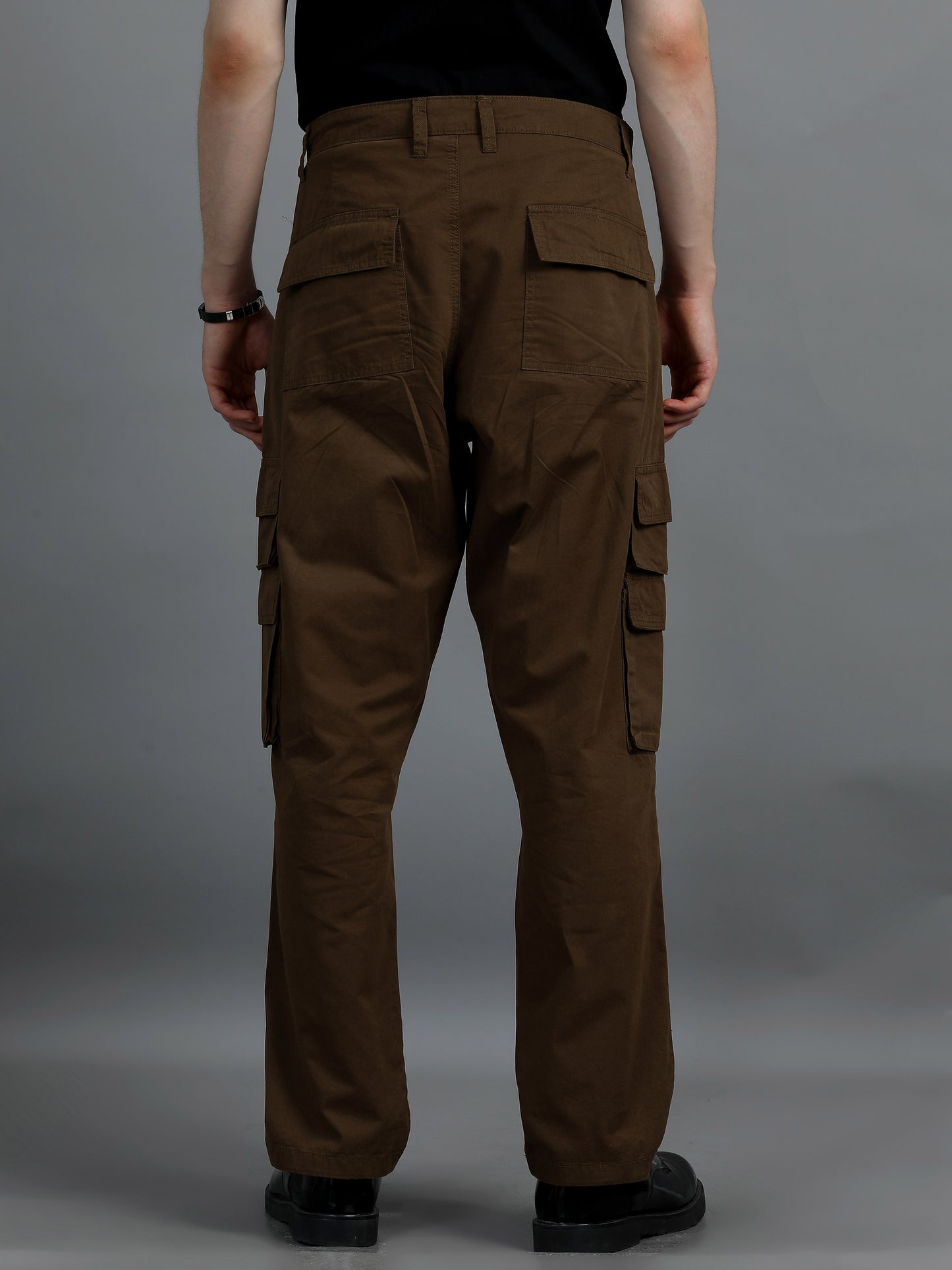 Men Cotton Relaxed Fit Cargo Trousers, Dark Khaki