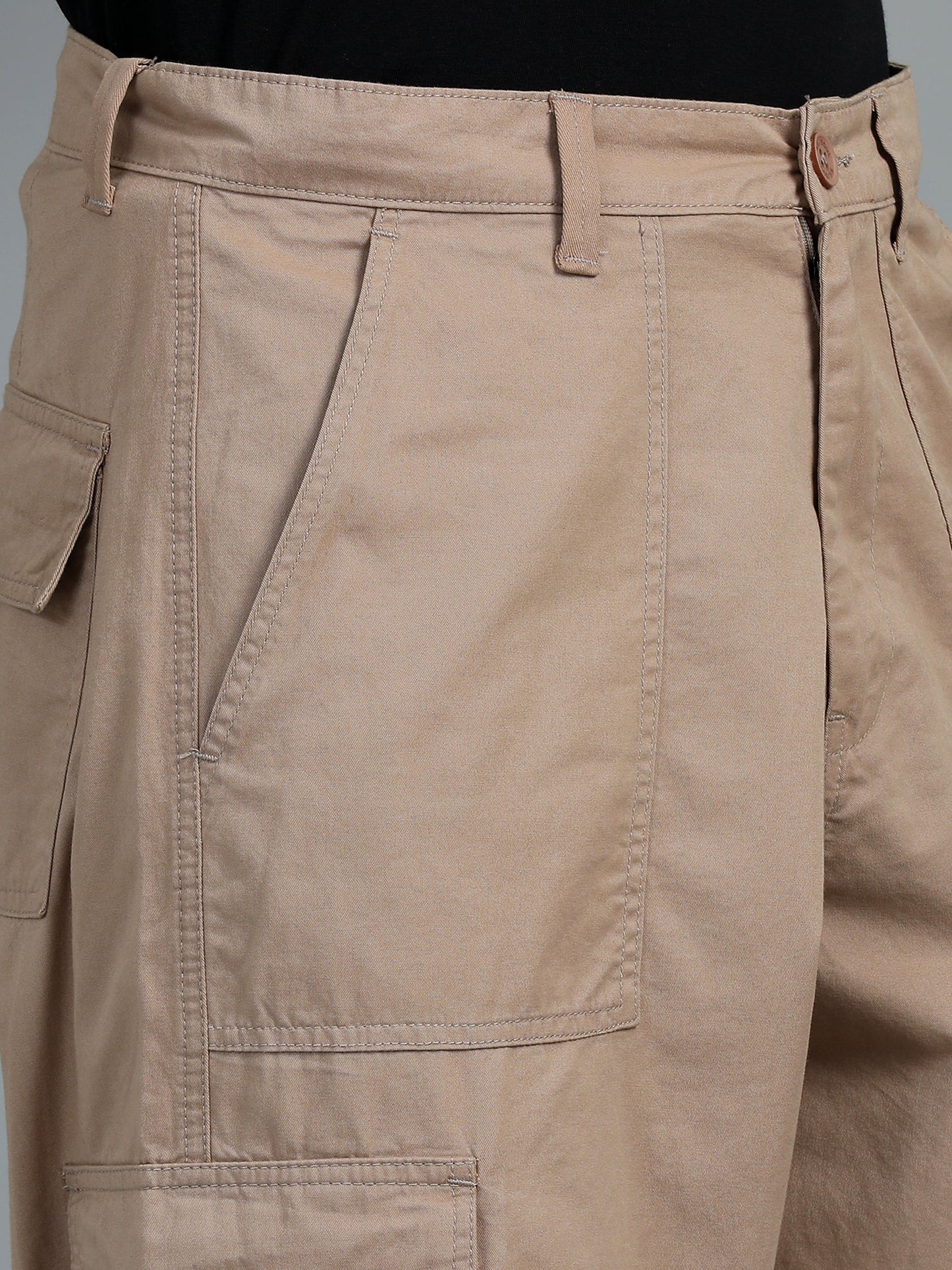 Men Cotton Relaxed Fit Cargo Trousers, Beige SILISOUL