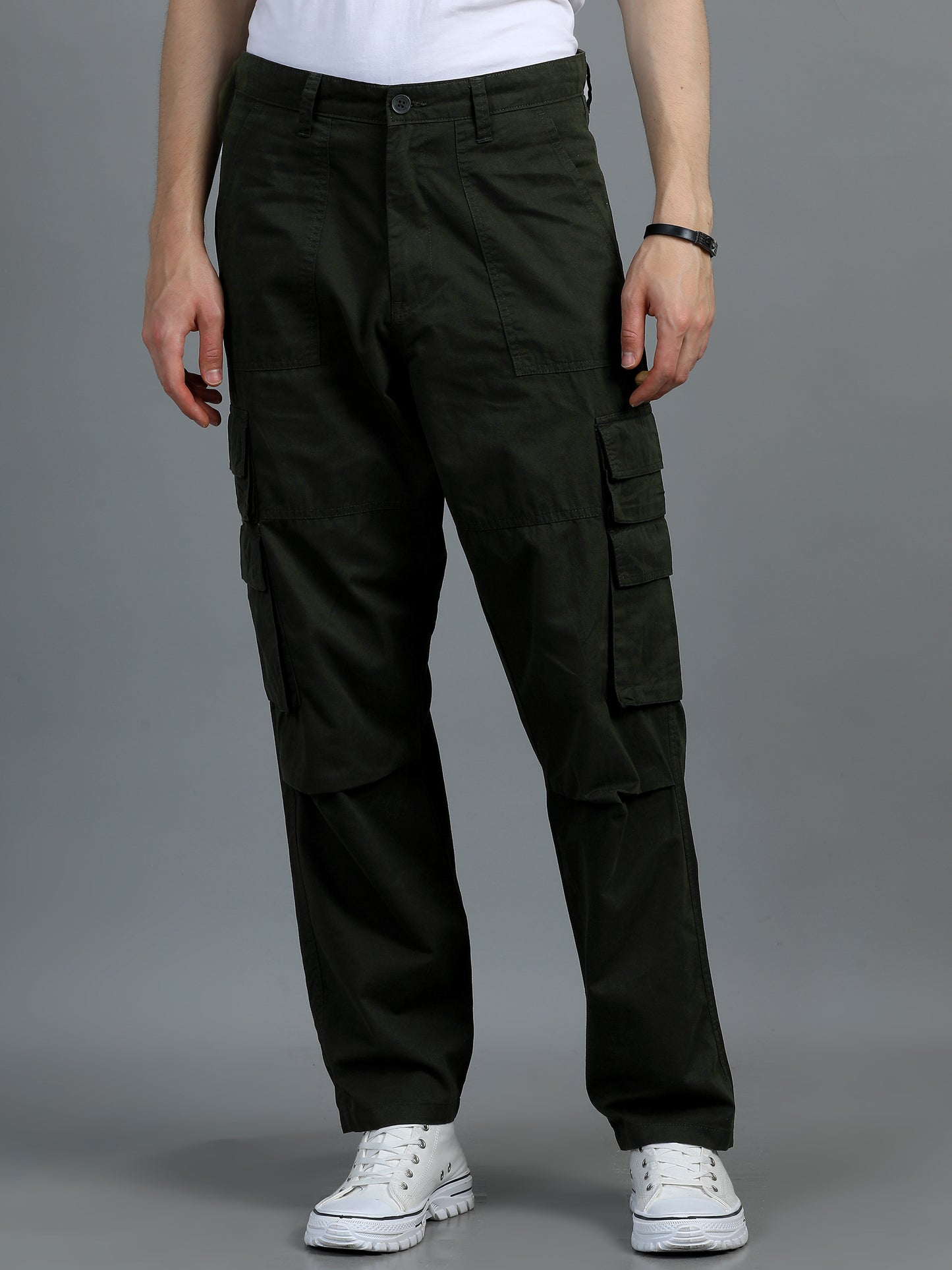 Men Cotton Relaxed Fit Cargo Trousers, Dark Olive