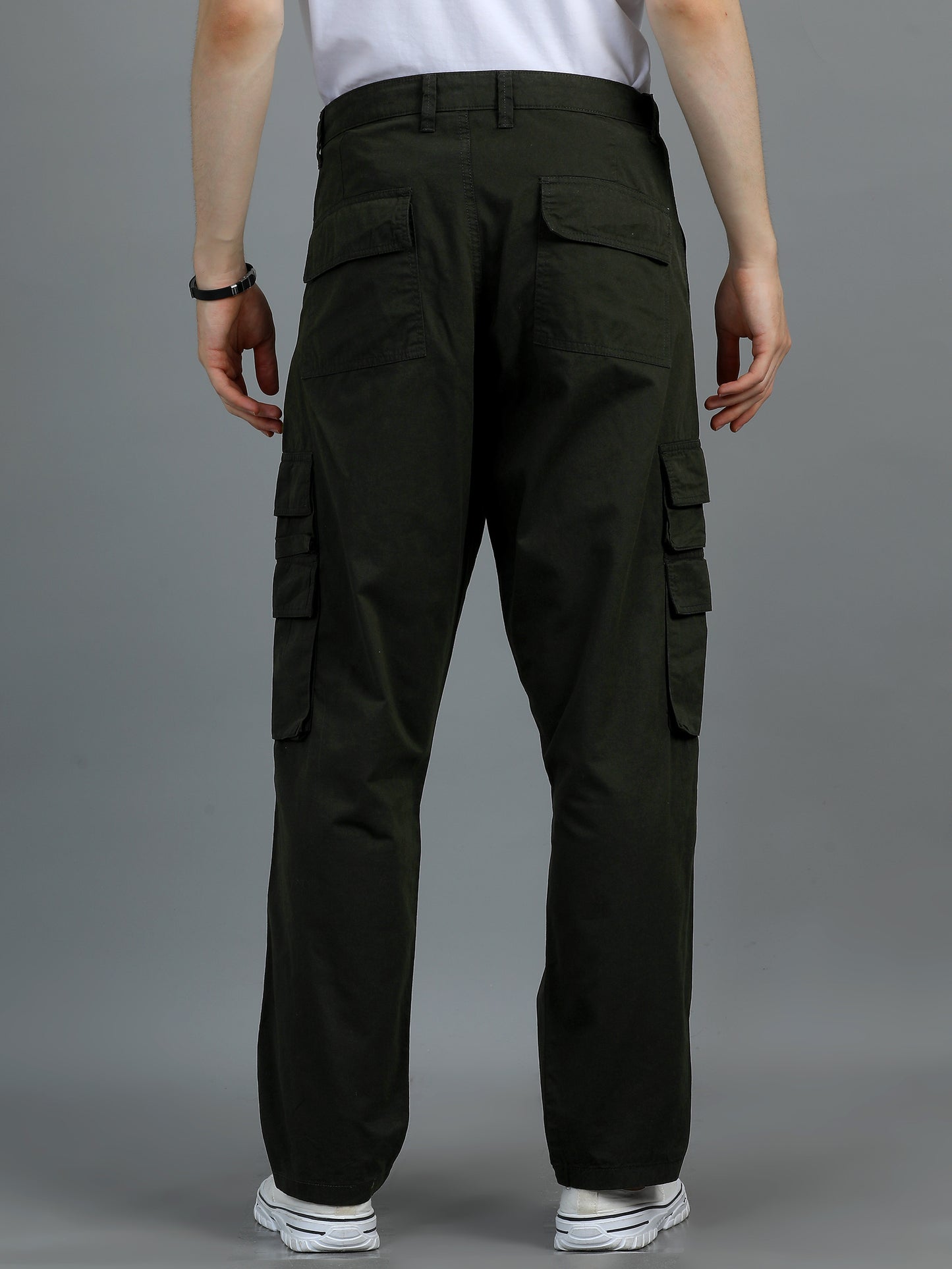 Men Cotton Relaxed Fit Cargo Trousers, Dark Olive