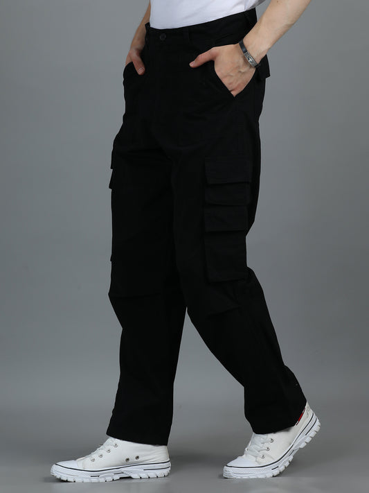 Men Cotton Relaxed Fit Cargo Trousers, Black SILISOUL